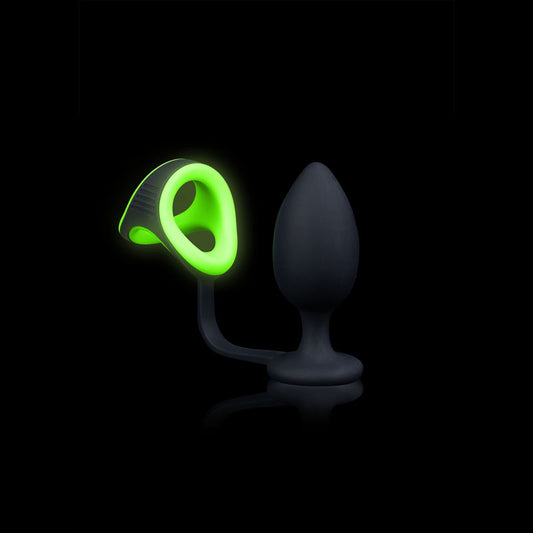 OUCH! Glow In The Dark Butt Plug with Cock Ring & Ball Strap - Black 9.8 cm Butt Plug with Glow In Dark Cock & Ball Strap