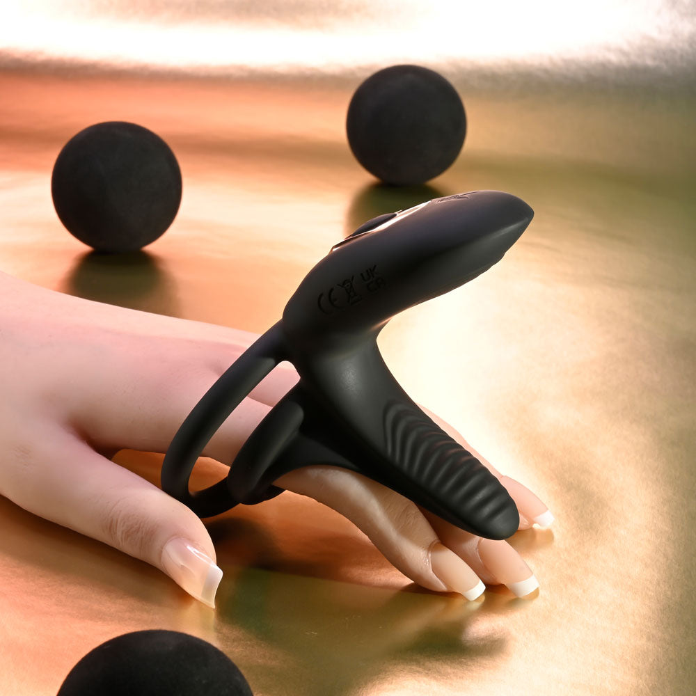 Playboy Pleasure JUST RIGHT Black Rechargeable Vibrating Cock & Balls Rings