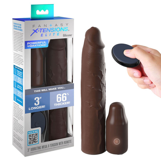 Fantasy X-Tensions Elite Vibrating Mega X-tension with Remote - Brown - 7.6 cm USB Rechargeable Vibrating Penis Extender Sleeve