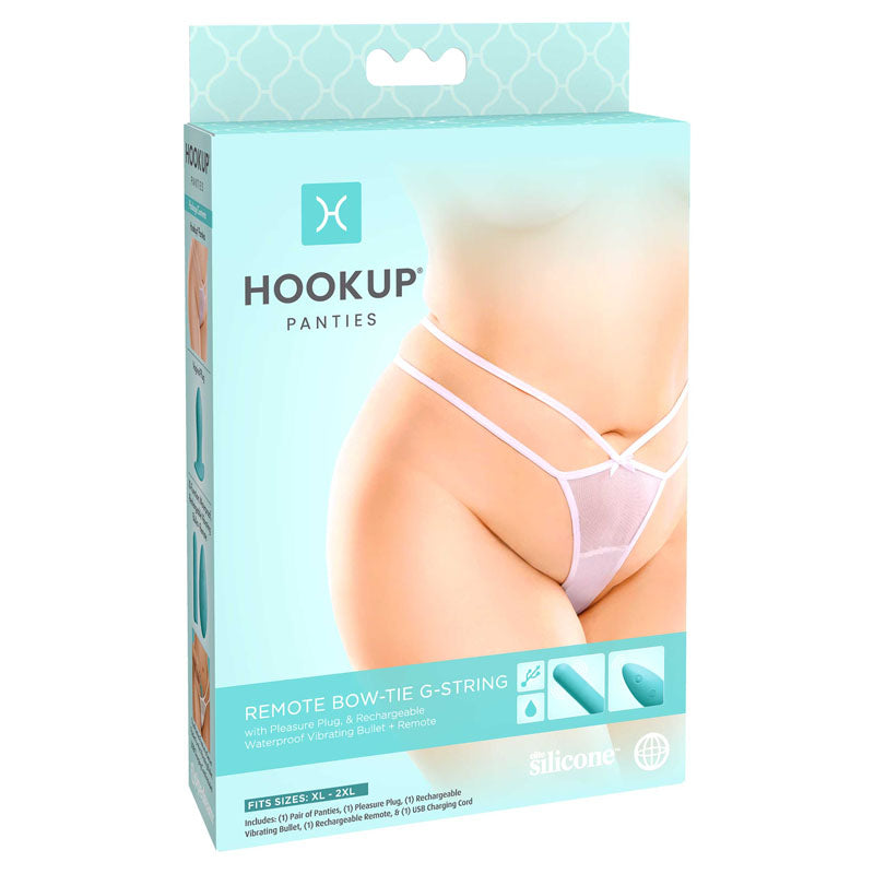 HOOKUP Remote Bow-Tie G-String - XL-XXL - White Panty with Rechargeable Bullet & Plug - XL/XXL Size