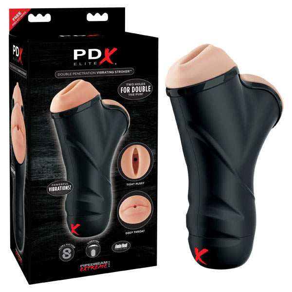 PDX Elite Double Penetration Vibrating Stroker - Black/Flesh Double Ended Vibrating Pussy/Mouth Stroker